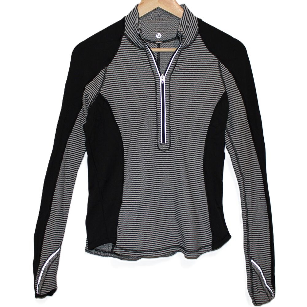 Womens Lululemon Run U-Turn Pullover Black Grey Striped Half Zip Jacket Size 6